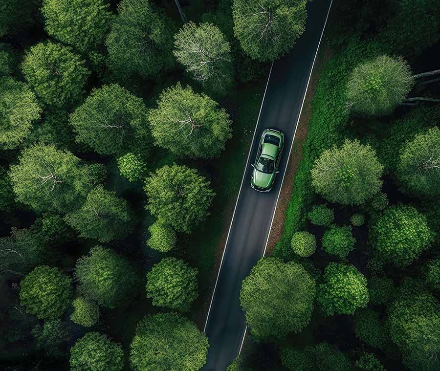 Aerial photo of a car driving on a forest road.
