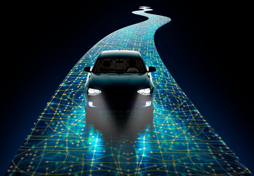 Graphic of an electric car driving on a circuit board road.