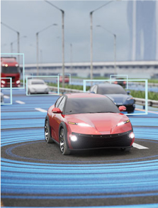 Graphic of an electric car, surrounded by AI sensors which are detecting other nearby vehicles.